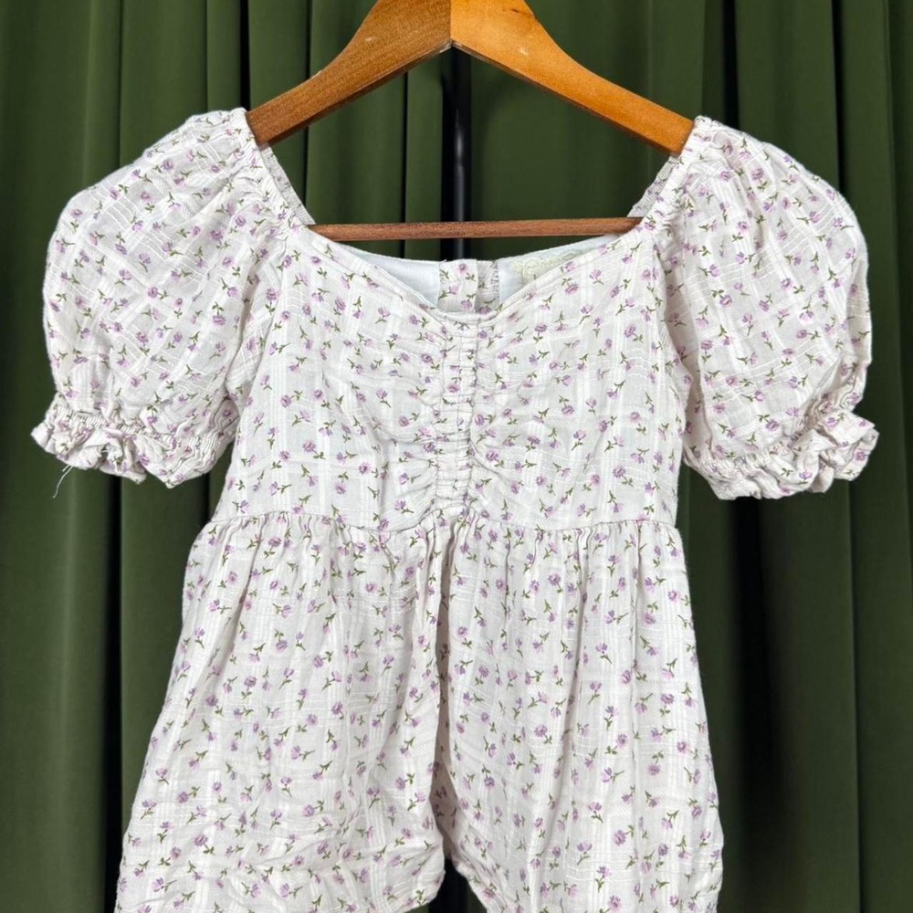 Btween Women Floral Puff Sleeve Babydoll Top White Purple Sweetheart Neck Blouse